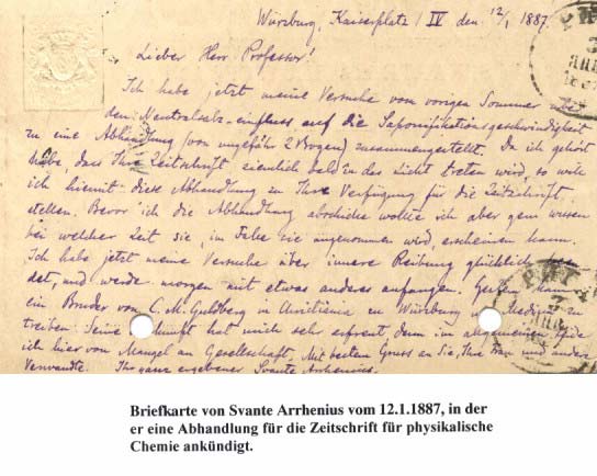 Briefkarte von Svante Arrhenius vom 21.01.1887